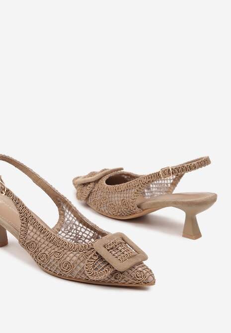 Ciemnobeżowe Sandały na Kaczuszce Typu Slingback Ozdobione Plecionką i Klamrą Elivrella 6