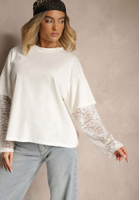 Biała Bluzka T-shirt o Kroju Oversize z Rękawami z Koronki Dillifia 5