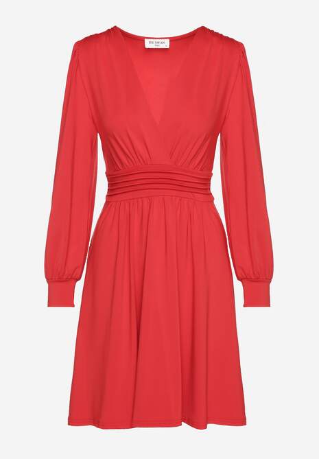 Czerwona Sukienka z Wiskozą o Rozkloszowanym Kroju Selaitea 6