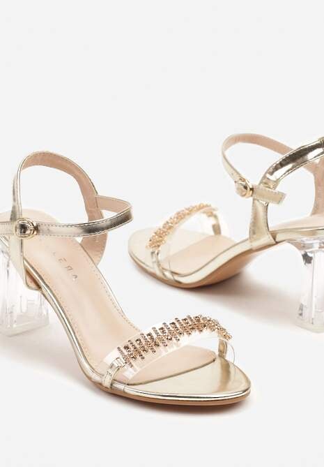 Złote Sandały z Transparentnym Paskiem z Cyrkoniami na Słupku Lanithra 6