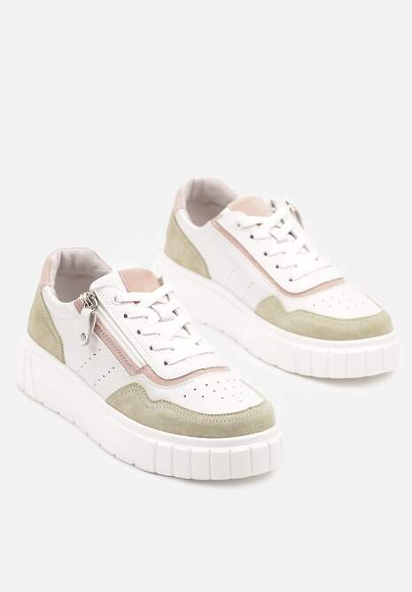 Biało-Zielone Streetwearowe Sneakersy ze Skóry Naturalnej z Ozdobnym Suwakiem Eleavenna 5