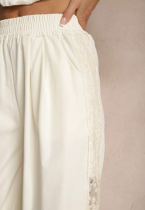 Jasnobeżowe Szerokie Spodnie z Bawełną High Waist Ozdobione Koronką Efandiela 5