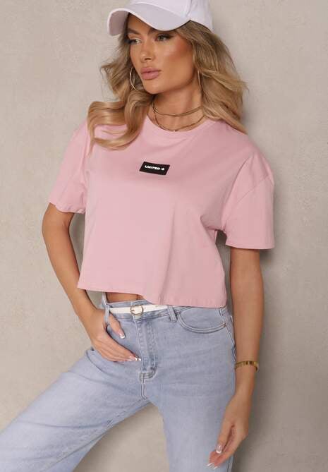 Różowy T-shirt z Bawełny o Kroju Crop Top Zdobiony Naszywką Adivrea