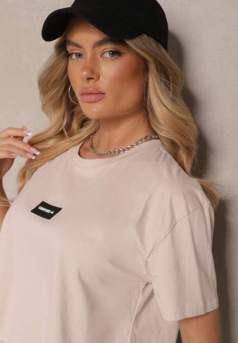 Ciemnobeżowy T-shirt z Bawełny o Kroju Crop Top Zdobiony Naszywką Adivrea 5