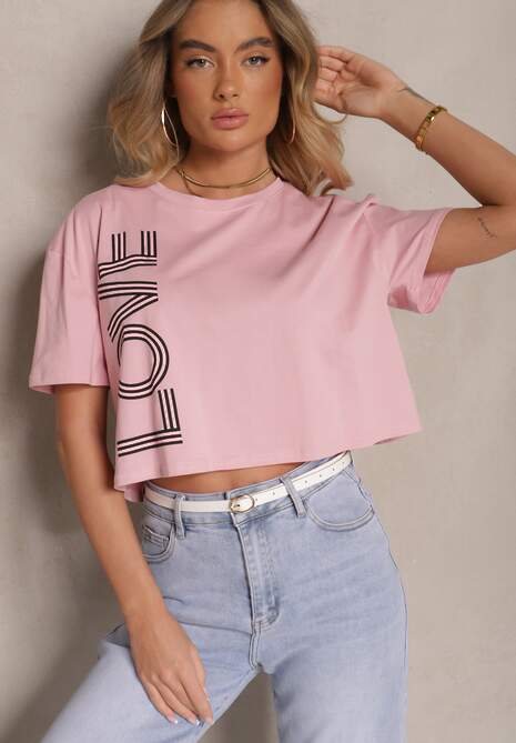 Różowy T-shirt z Bawełny o Krótkim Kroju Ozdobiony Napisem Sannovia 4