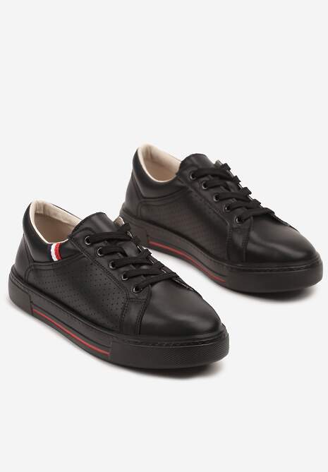 Czarne Sneakersy Tenisówki ze Skóry Naturalnej Zdobione Perforacją Tillirene 5