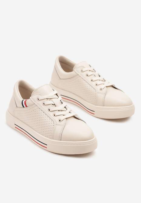 Beżowe Sneakersy Tenisówki ze Skóry Naturalnej Zdobione Perforacją Tillirene 5