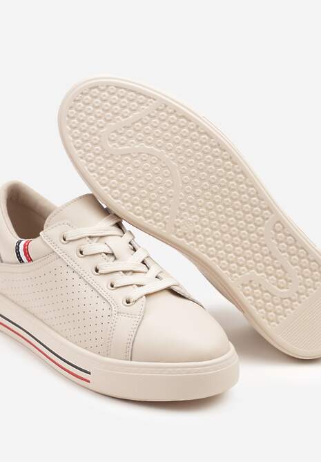 Beżowe Sneakersy Tenisówki ze Skóry Naturalnej Zdobione Perforacją Tillirene 6