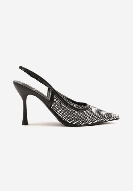 Czarne Sandały Szpilki Slingback z Noskiem w Szpic Zdobione Cyrkoniami Zenvia 4
