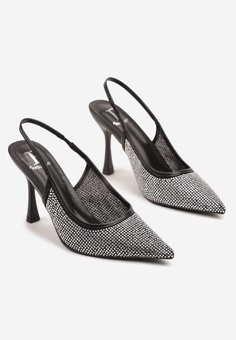 Czarne Sandały Szpilki Slingback z Noskiem w Szpic Zdobione Cyrkoniami Zenvia 5