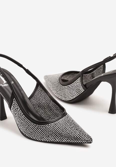 Czarne Sandały Szpilki Slingback z Noskiem w Szpic Zdobione Cyrkoniami Zenvia 6
