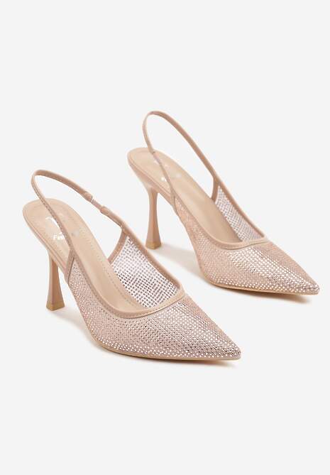 Beżowe Sandały Szpilki Slingback z Noskiem w Szpic Zdobione Cyrkoniami Zenvia 5