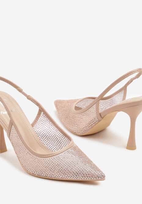 Beżowe Sandały Szpilki Slingback z Noskiem w Szpic Zdobione Cyrkoniami Zenvia 6