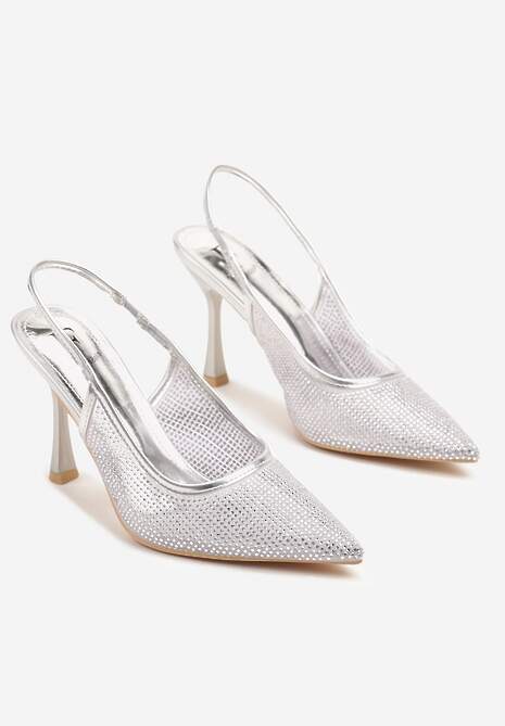 Srebrne Sandały Szpilki Slingback z Noskiem w Szpic Zdobione Cyrkoniami Zenvia 5