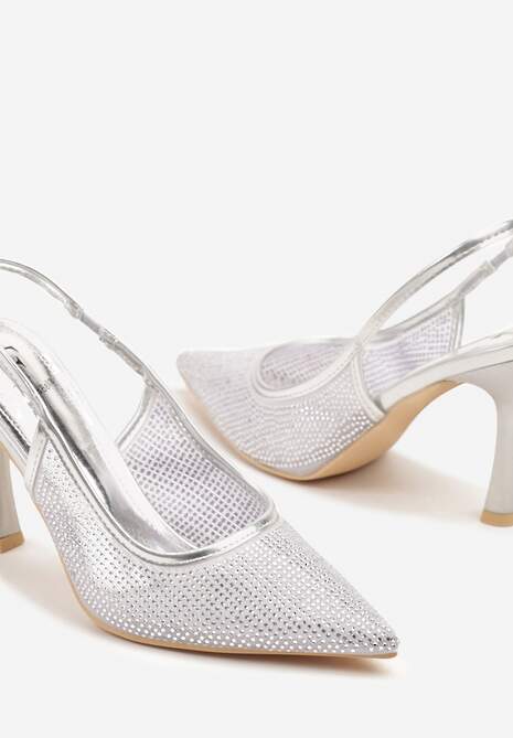 Srebrne Sandały Szpilki Slingback z Noskiem w Szpic Zdobione Cyrkoniami Zenvia 6