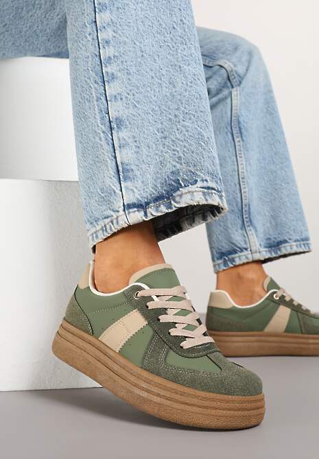 Zielone Sneakersy w Stylu Kultowych Tenisówek na Grubej Podeszwie Nanniris