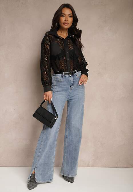 Czarna Koszula z Ażurowej Tkaniny z Kieszeniami Terista