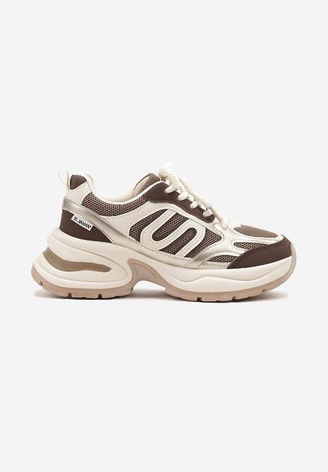 Brązowo-Beżowe Sneakersy na Platformie Ozdobione Geometrycznym Motywem  Desaniel 4