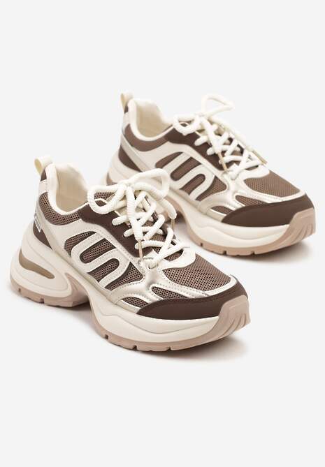 Brązowo-Beżowe Sneakersy na Platformie Ozdobione Geometrycznym Motywem  Desaniel 5