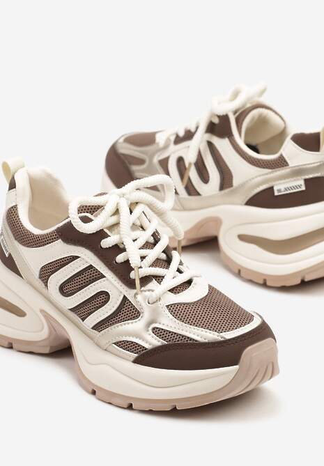 Brązowo-Beżowe Sneakersy na Platformie Ozdobione Geometrycznym Motywem  Desaniel 6