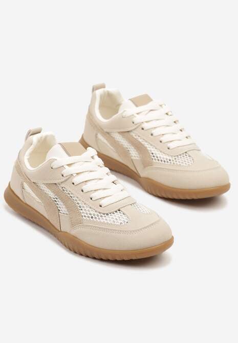 Ciemnobeżowe Sneakersy Tenisówki z Geometrycznym Motywem Amotheira 5