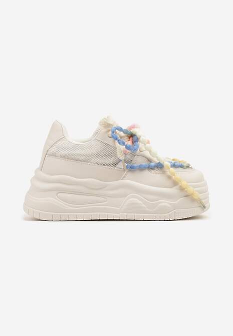 Beżowe Sneakersy na Platformie z Koralikami Amovanna 4