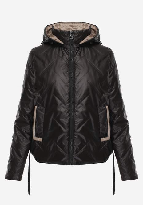 Czarna Kurtka z Pikowanymi Przeszyciami i Kapturem Ściągana po Bokach Nusillian 6