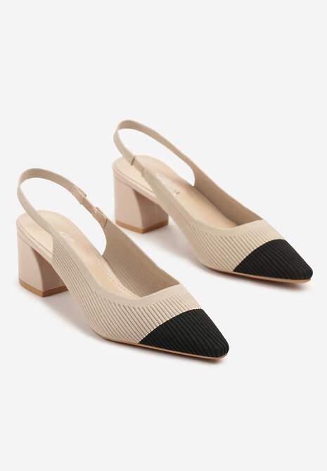 Beżowe Sandały na Słupku Typu Slingback z  Kontrastowym Noskiem Udivira 5