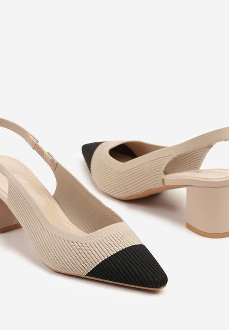 Beżowe Sandały na Słupku Typu Slingback z  Kontrastowym Noskiem Udivira 6
