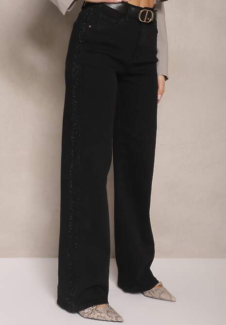 Czarne Szerokie Jeansy High Waist z Cyrkoniowym Zdobieniem Nusamira 4