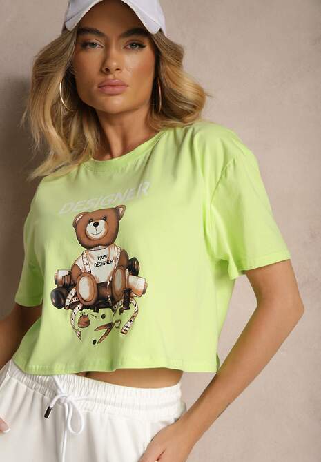 Jasnozielony Krótki T-shirt z Bawełną Ozdobiony Misiem Eladriel 4