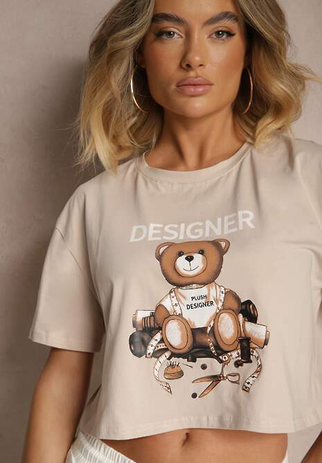 Beżowy Krótki T-shirt z Bawełną Ozdobiony Misiem Eladriel 5