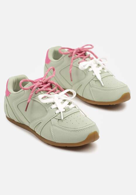 Jasnozielone Sneakersy Ozdobione Przeszyciami i Podwójnym Sznurowaniem Telisaria 5