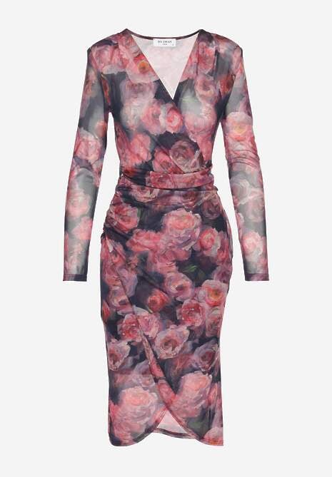 Czarno-Czerwona Kopertowa Sukienka z Siateczki z Wiskozą Zdobiona Marszczeniem Varseli 6