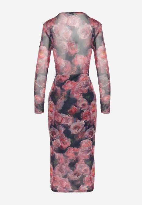 Czarno-Czerwona Kopertowa Sukienka z Siateczki z Wiskozą Zdobiona Marszczeniem Varseli 7