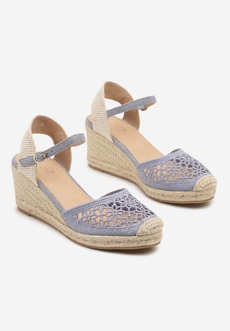 Niebieskie Sandały Typu Espadryle z Ażurową Cholewką i Plecionym Koturnem Nusithena 5