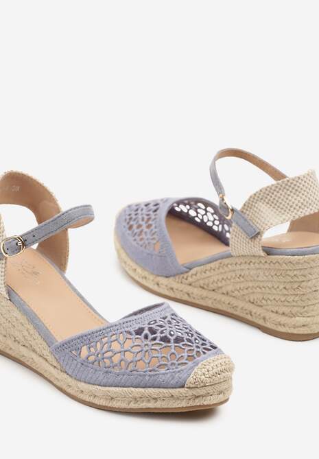 Niebieskie Sandały Typu Espadryle z Ażurową Cholewką i Plecionym Koturnem Nusithena 6