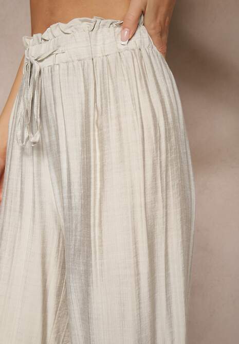 Jasnoszare Spodnie High Waist o Szerokim Kroju z Wiązaniem Telisiela 5