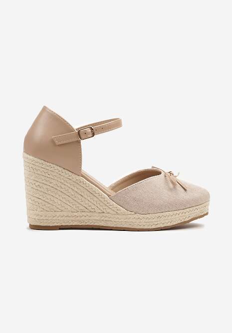 Ciemnobeżowe Sandały z Plecionką na Koturnie w Stylu Espadryli z Kokardką Zilara 4
