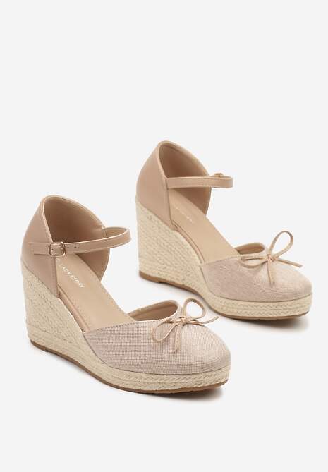 Ciemnobeżowe Sandały z Plecionką na Koturnie w Stylu Espadryli z Kokardką Zilara 5