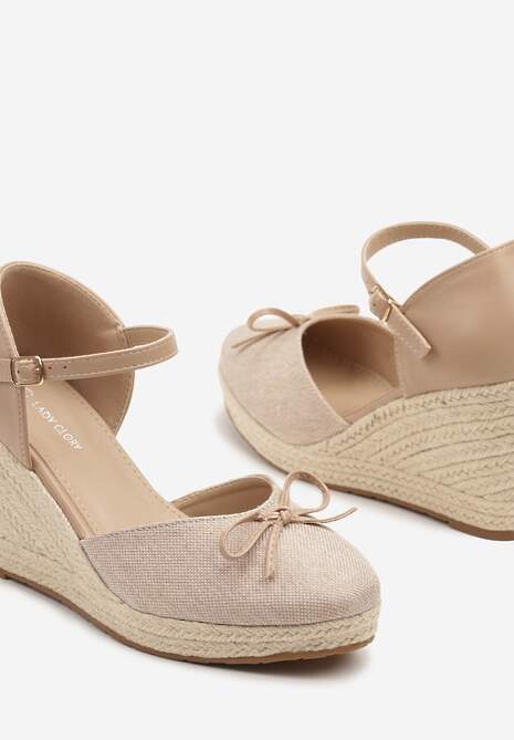 Ciemnobeżowe Sandały z Plecionką na Koturnie w Stylu Espadryli z Kokardką Zilara 6