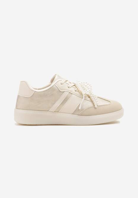 Beżowe Sneakersy Typu Kultowe Tenisówki ze Zdobieniem z Perłami Nalavia 4
