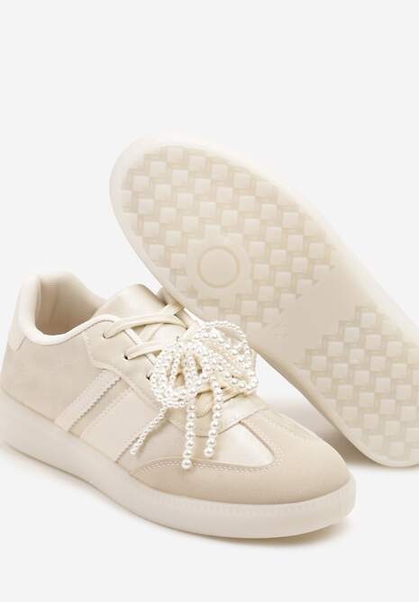 Beżowe Sneakersy Typu Kultowe Tenisówki ze Zdobieniem z Perłami Nalavia 6