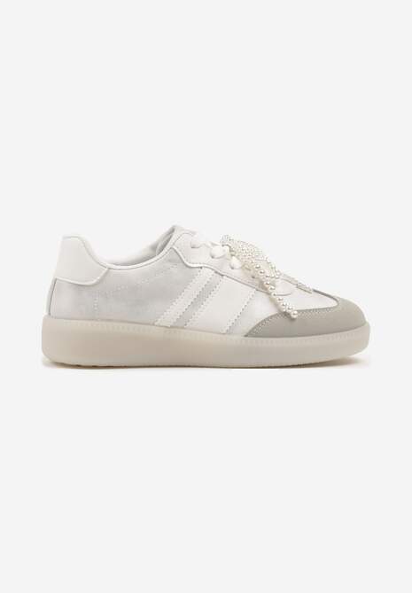 Srebrno-Szare Sneakersy Typu Kultowe Tenisówki ze Zdobieniem z Perłami Nalavia 4