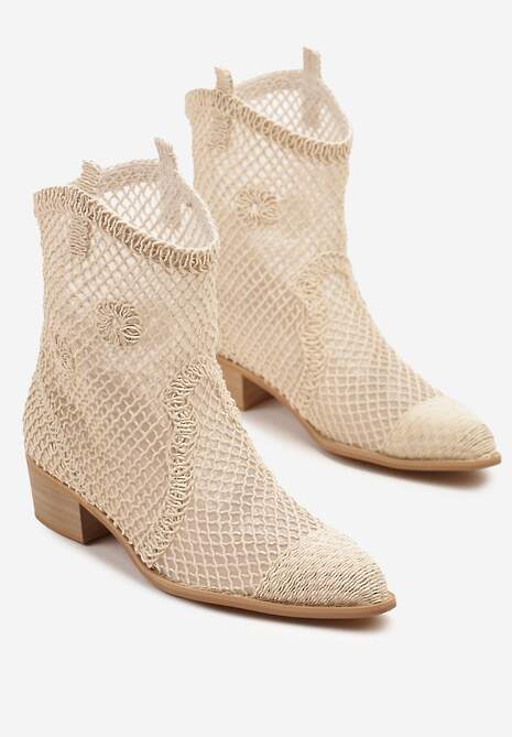 Jasnobeżowe Botki Kowbojki na Stożku ze Skórzaną Wkładką i Siateczkową Cholewką Frolozi 5
