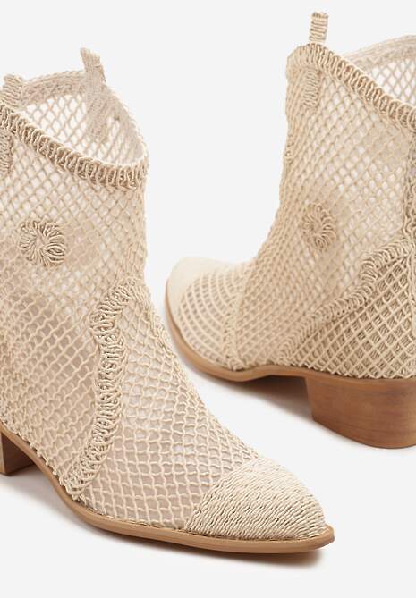 Jasnobeżowe Botki Kowbojki na Stożku ze Skórzaną Wkładką i Siateczkową Cholewką Frolozi 6