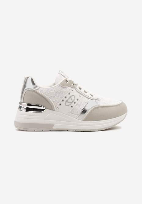 Białe Sneakersy na Ukrytym Koturnie z Koronką i Metalicznymi Wstawkami Edililia 4