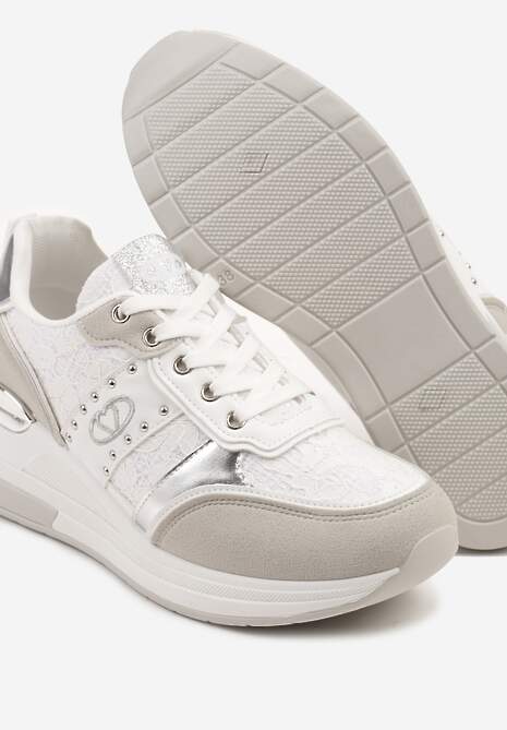 Białe Sneakersy na Ukrytym Koturnie z Koronką i Metalicznymi Wstawkami Edililia 6
