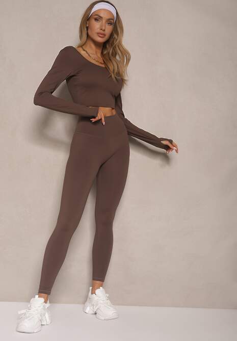 Brązowy Komplet Sportowy Legginsy High Waist i Longsleeve z Ozdobnym Tyłem Dasalle 4