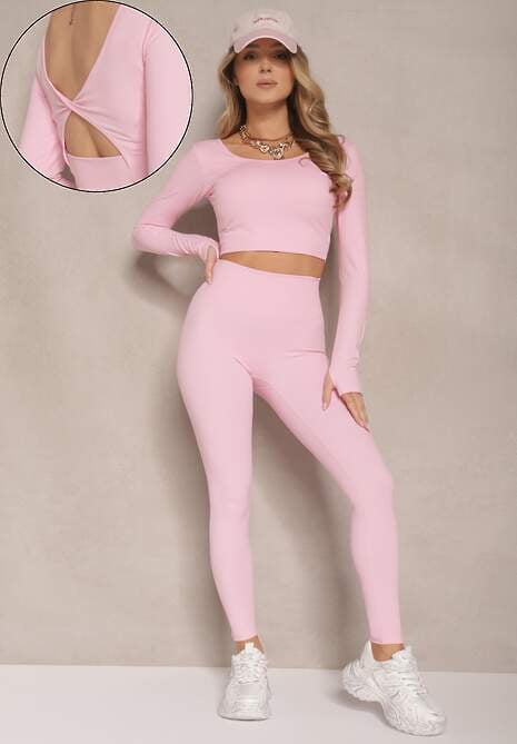 Różowy Komplet Sportowy Legginsy High Waist i Longsleeve z Ozdobnym Tyłem Dasalle